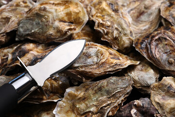 Knife on pile of fresh oysters, closeup