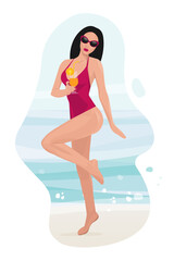 girl relaxing on the beach with cocktail. Enjoying Sexy woman On Summer Sea Vacation Vector Illustration