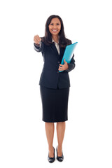 business, education, office, sale, real estate concept- smiling asian businesswoman in full length standing over white isolated background with blue folder and key in hands