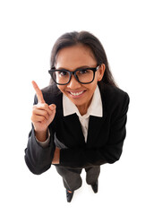 top view of smiling asian businesswoman with eyeglasses pointing finger up, isolated on white background in full body