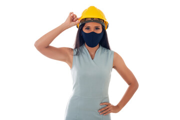 portrait of asian engineer woman with helmet wearing a face mask isolated white background