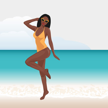 black smiling girl relaxing on the beach and posing. Enjoying Sexy woman On Summer ocean Vacation Vector Illustration