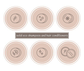 Icon set of solid organic shampoos and hear conditioners. Hair care cosmetics in an aluminum jar with a lid. Flat line icons in pink circles