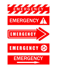 Emergency sign.Banner with word emergency on a red arrow and warning tape red white.Big set of emergency lettering.Vector icon.