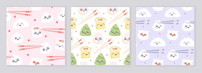 Dim sum - seamless patterns. Set of seamless designs with cute dumplings and chopsticks. Vector cartoon illustration