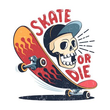 Skate Retro Logo With Funny Skull In Cap. Skater T-shirt Print With Skateboard. Vector Illustration.