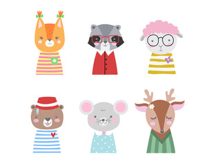 Set of cartoon cute animals in funny clothes for baby cards and invitations. Vector illustration of squirrel, racoon, sheep, bear, mouse, deer.