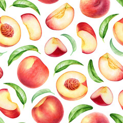 Seamless pattern of watercolor peach fruits and green leaves