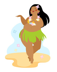 Happy plus size girl dancing Hawaiian dance. Happy body positive concept. Different is beautiful. Attractive overweight woman. For Fat acceptance movement no fatphobia. Vector illustration.