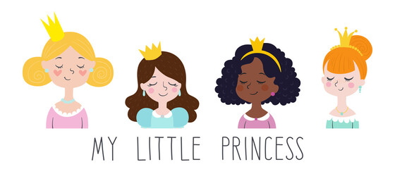 Set cute little princesses. Vector images of beautiful princesses for cards and prints.