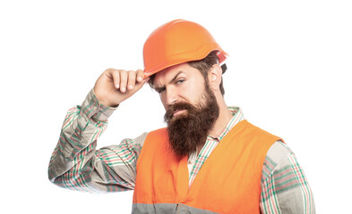 Portrait of a builder. Worker in construction uniform. Man builders, industry. Builder in hard hat,...