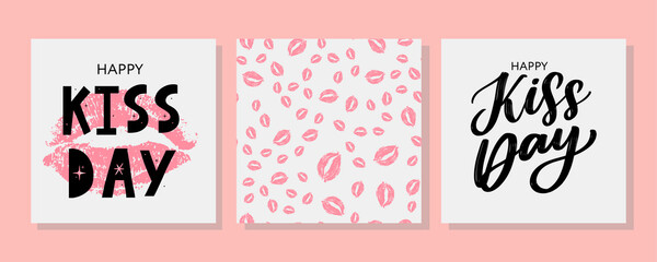 Kiss me greeting card, poster with pink hand drawn watercolor lips. Vector background with ink hand lettering.