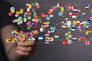 Global communication and international messaging concept, national flags of world