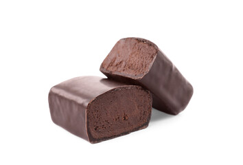 Delicious cut glazed cheese with cocoa on white background