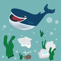 Whale smiling in the sea Under the pearl cartoon cute.Cute happy ocean whale.seaweed and air bubbles.vector ,illustration.
