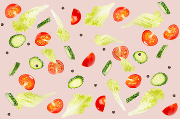 Ripe juicy slices tomato, cucumber, green salad levitate on beige background. Vegetable seamless pattern.