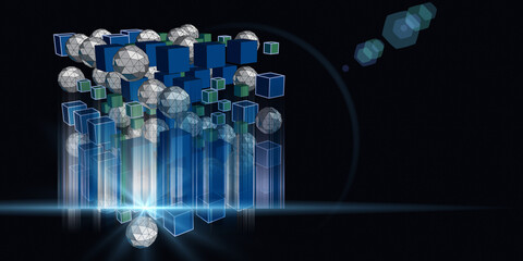 Abstract visualization analyze algorithm cubes and spheres. Quantum virtual cryptography. Virtual reality concept with wireframe form and spot effect.  Banner for business, science and technology.