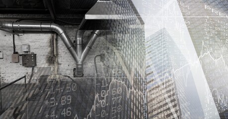 Composition of professional kitchen with financial data processing over modern cityscape