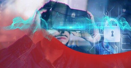 Composition of blue light trails and online security padlock over man wearing vr headset