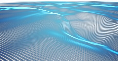 Composition of blue light trails of information on yellow mesh background