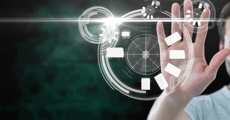 Composition of man touching screen with scopes scanning and digital icons