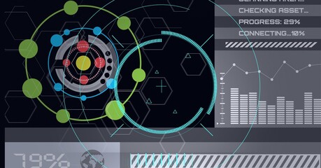 Composition of scopes scanning and digital data processing on black background