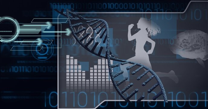 Composition of dna strand and scientific digital icons with binary coding on screen - Powered by Adobe