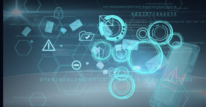 Composition of scopes scanning, icns and digital data processing on black background