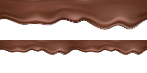 Seamless vector horizontal realistic dark or milk chocolate with drip and shadows.A smooth wave of flowing melted chocolate, cocoa or chocolate dessert.Liquid flowing chocolate isolated on white