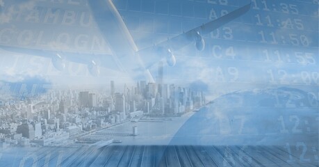Composition of airplane and flight information over cityscape