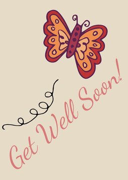 Composition of get well soon text with butterfly on pink background