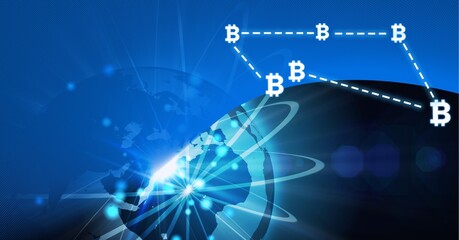 Composition of bitcoin symbols over connections, globe and world map on blue background