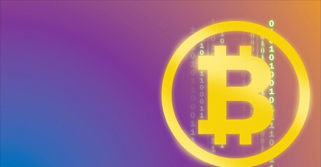 Composition of bitcoin symbol over binary coding on purple background