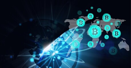 Composition of bitcoin symbols over connections, globe and world map on blue background