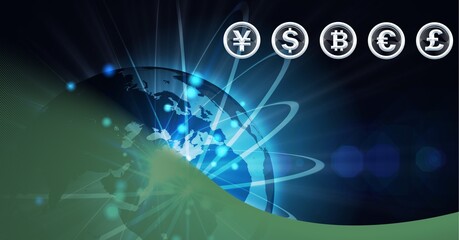 Composition of currency symbols over connections and globe on blue background