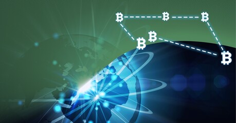 Composition of bitcoin symbols over connections, globe and on green background