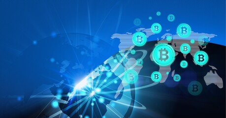 Composition of bitcoin symbols over connections and globe on blue background