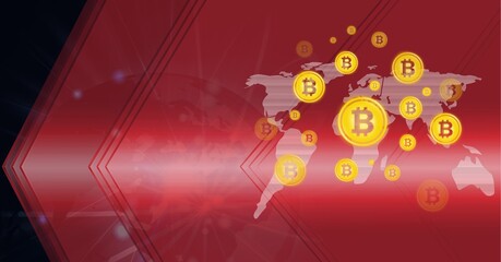 Obraz premium Composition of bitcoin symbols over connections, globe and world map on red background