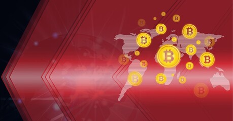 Composition of bitcoin symbols over connections, globe and world map on red background