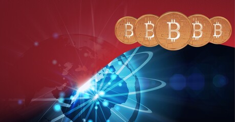 Composition of bitcoin symbols over connections and globe on red to blue background