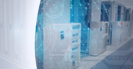 Composition of network of connections over globe and computer servers in background