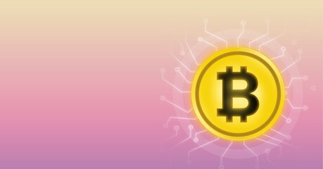 Composition of bitcoin symbol over connections on pink background