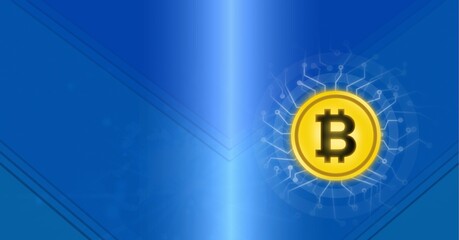 Composition of bitcoin symbol over connections on blue background