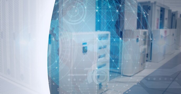 Composition of network of connections over globe and computer servers in background