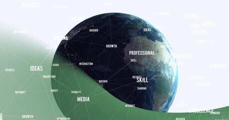 Composition of network of connections with business text over globe on white