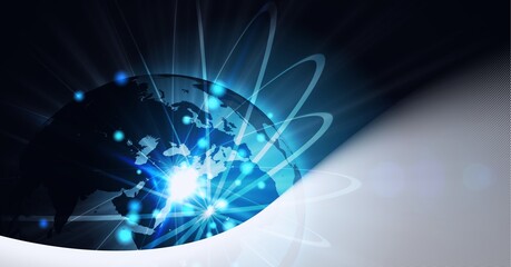 Composition of network of connections over glowing globe and white edge