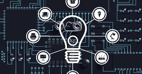 Composition of light bulb and network of digital icons over computer processor