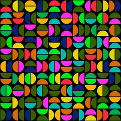 Colorful half of shapes. Vector seamless half circles and black background. Multicolor ornament.