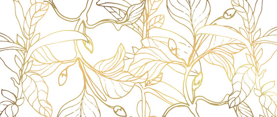 Plants line gold. Background with golden branches and leaves on a white background. Vector file.