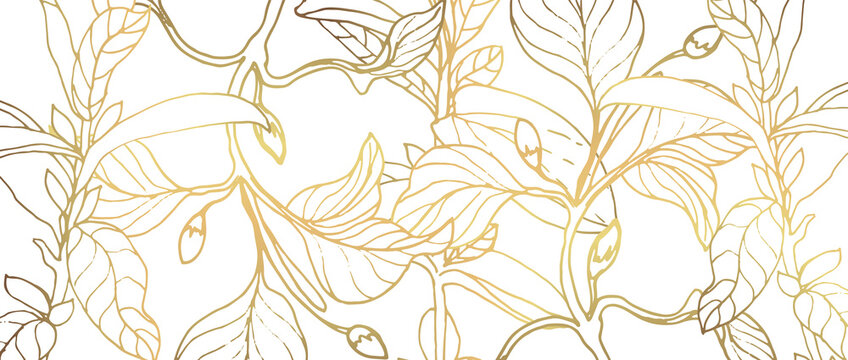 Plants line gold. Background with golden branches and leaves on a white background. Vector file.